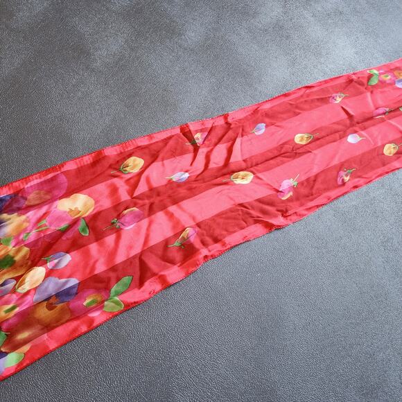 Vintage Tulip Petal Floral Red Striped Silk Like Scarf - Picture 1 of 7